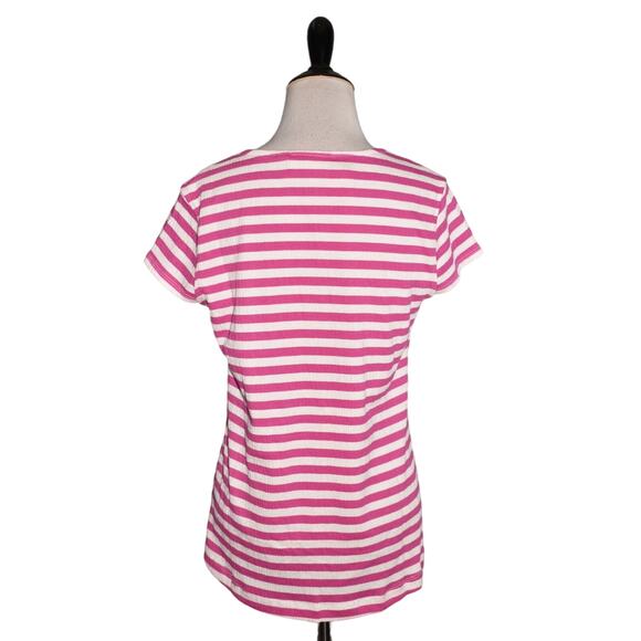 DENIM & CO. NEW $39 Striped Knit Gauze Scoop Neck Henley Top Orchid Pink XXS - Picture 2 of 4